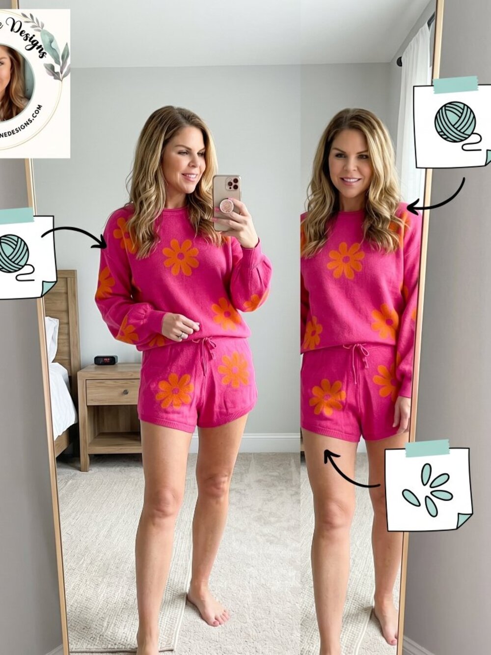 🌸💖✨ Bright Pink Knit Sweater Set with Orange Daisies – Size Small - Picture 3 of 7